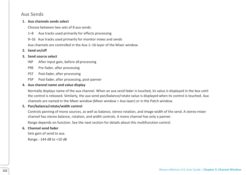 Lv1 main build preview 10.09g, Aux sends, Au x sends | Waves eMotion LV1 64-Channel Mixer with Axis One Custom Computer User Manual | Page 107 / 220