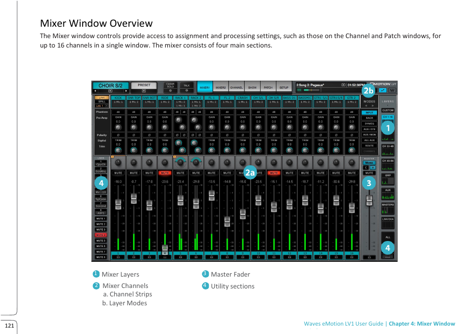 Mixer window overview | Waves eMotion LV1 64-Channel Mixer with Axis One Custom Computer User Manual | Page 126 / 220