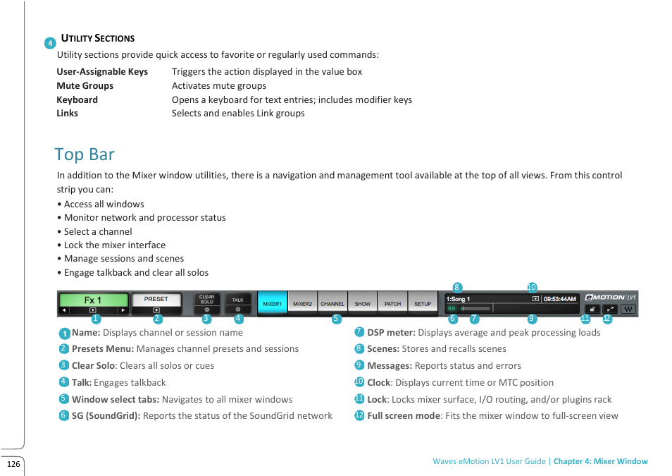 Top bar | Waves eMotion LV1 64-Channel Mixer with Axis One Custom Computer User Manual | Page 131 / 220