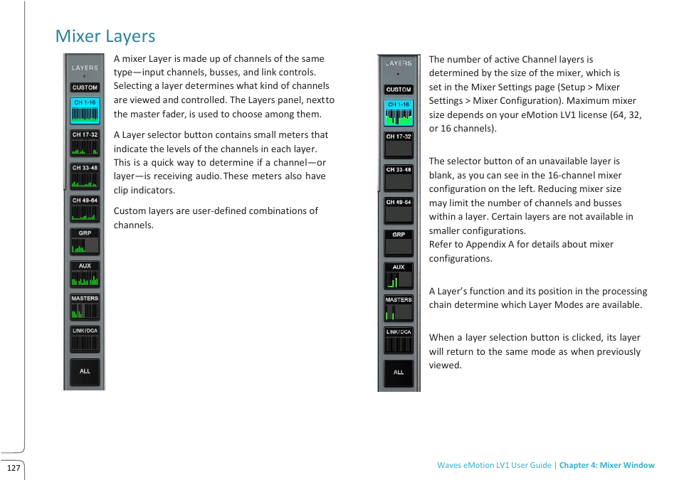 Mixer layers | Waves eMotion LV1 64-Channel Mixer with Axis One Custom Computer User Manual | Page 132 / 220