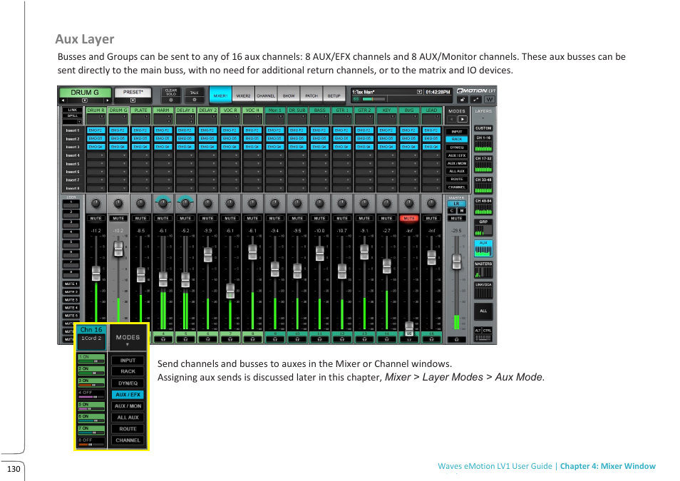 Aux layer, Au x layer | Waves eMotion LV1 64-Channel Mixer with Axis One Custom Computer User Manual | Page 135 / 220