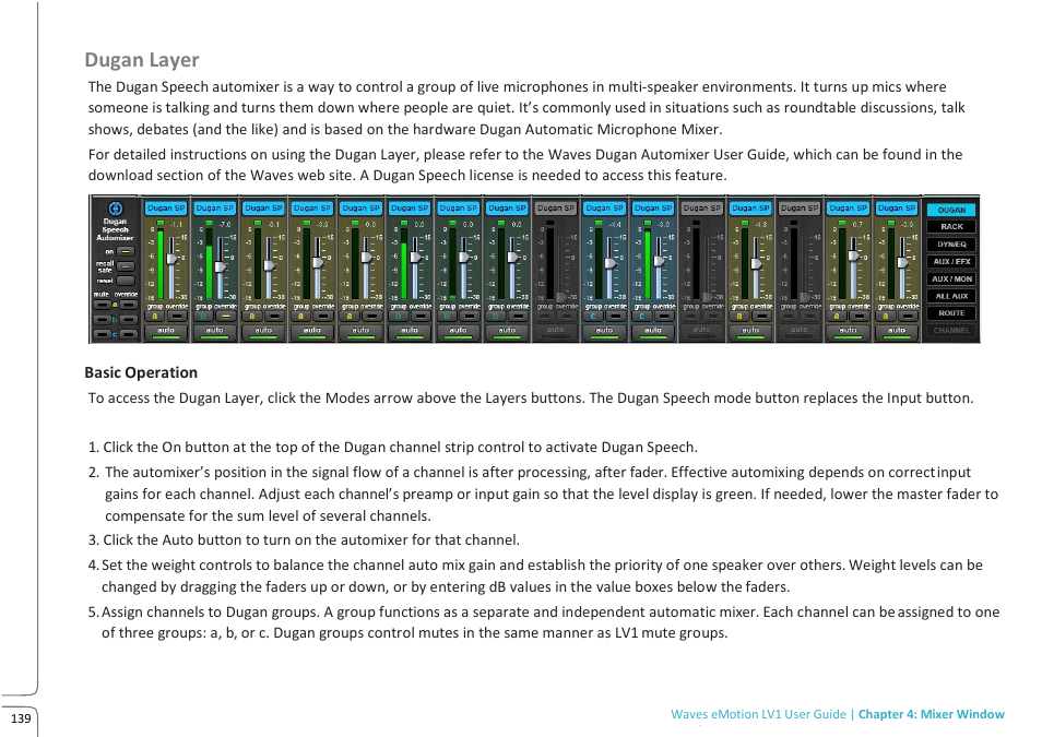 Dugan layer, Basic operation, Duga n layer | Waves eMotion LV1 64-Channel Mixer with Axis One Custom Computer User Manual | Page 144 / 220