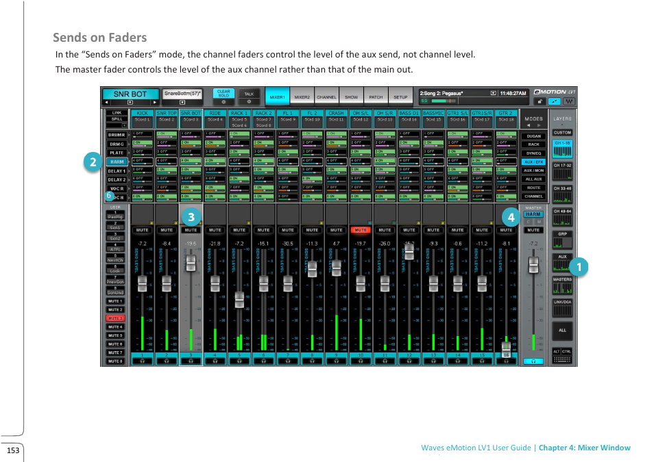Lv1 prev 11.09 -p 153.pdf, Sends on faders | Waves eMotion LV1 64-Channel Mixer with Axis One Custom Computer User Manual | Page 158 / 220
