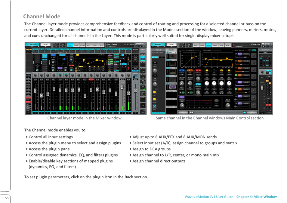 Channel mode | Waves eMotion LV1 64-Channel Mixer with Axis One Custom Computer User Manual | Page 160 / 220