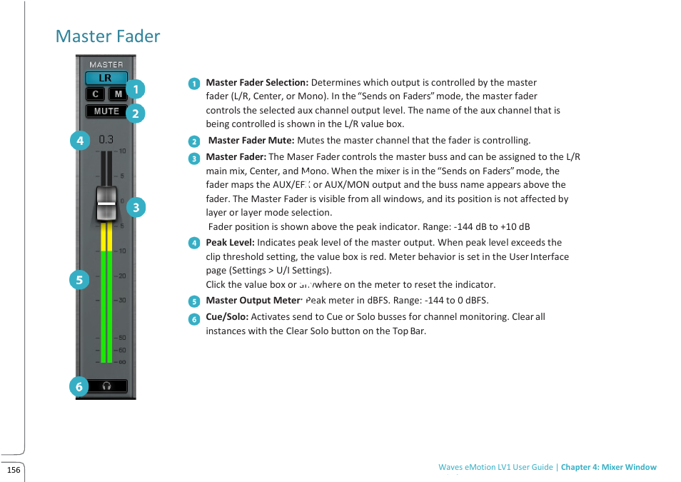 Master fader | Waves eMotion LV1 64-Channel Mixer with Axis One Custom Computer User Manual | Page 161 / 220