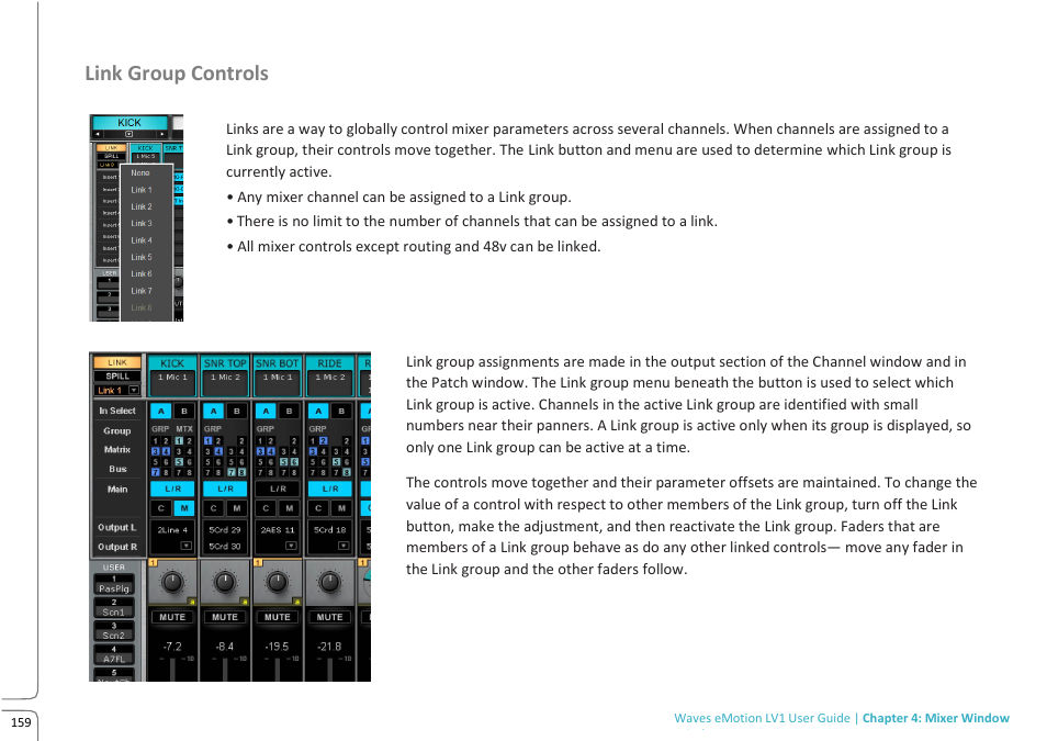 Link group controls, Lin k group controls | Waves eMotion LV1 64-Channel Mixer with Axis One Custom Computer User Manual | Page 164 / 220