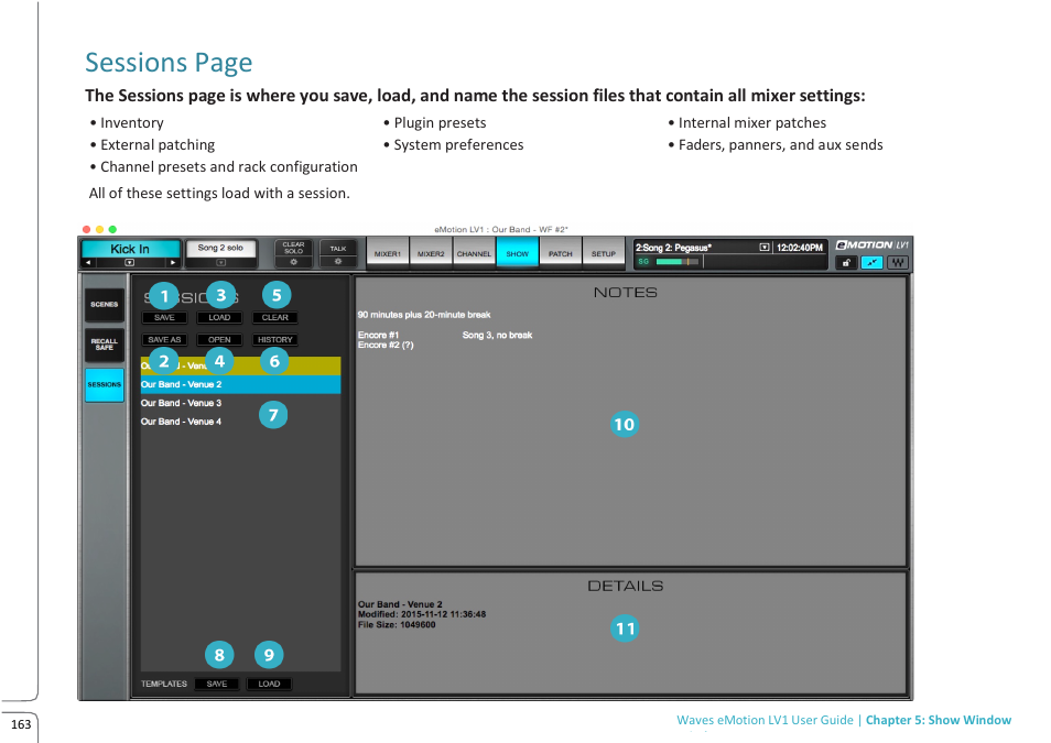 Sessions page | Waves eMotion LV1 64-Channel Mixer with Axis One Custom Computer User Manual | Page 168 / 220