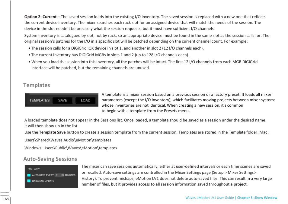 Templates, Auto-saving sessions | Waves eMotion LV1 64-Channel Mixer with Axis One Custom Computer User Manual | Page 173 / 220