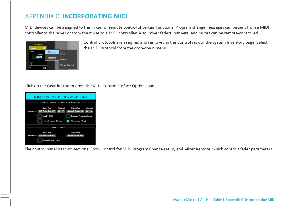 Appendix c: incorporating midi | Waves eMotion LV1 64-Channel Mixer with Axis One Custom Computer User Manual | Page 205 / 220