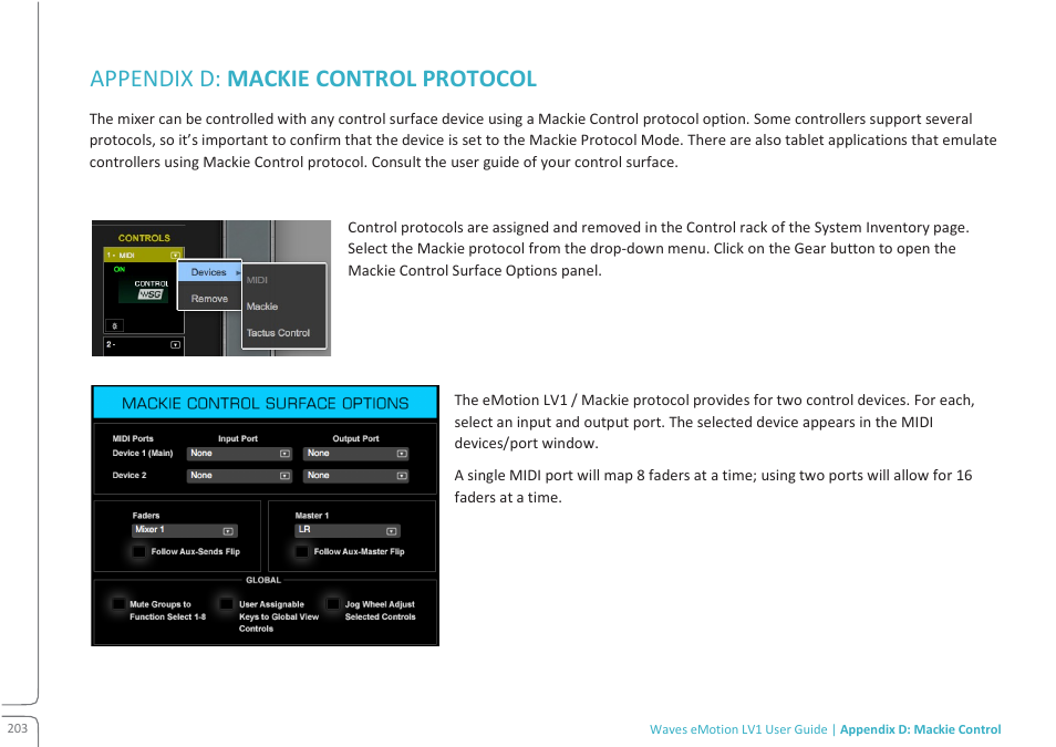 Appendix d: mackie control protocol | Waves eMotion LV1 64-Channel Mixer with Axis One Custom Computer User Manual | Page 208 / 220