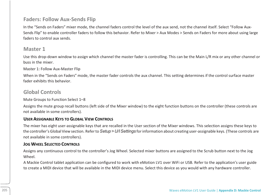 Faders: follow aux-sends flip, Master 1, Global controls | Waves eMotion LV1 64-Channel Mixer with Axis One Custom Computer User Manual | Page 210 / 220