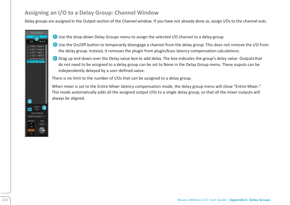 Acr148492738021248-11827230.tmp, Assigning an i/o to a delay group: channel window | Waves eMotion LV1 64-Channel Mixer with Axis One Custom Computer User Manual | Page 218 / 220