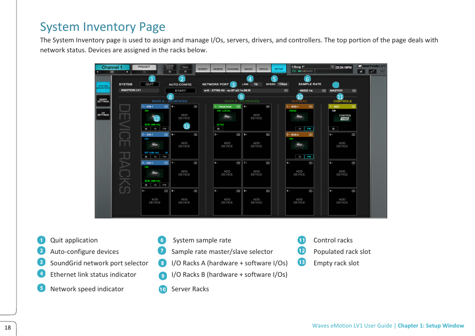 Lv1 prev 11.09 -p 18.pdf, System inventory page | Waves eMotion LV1 64-Channel Mixer with Axis One Custom Computer User Manual | Page 23 / 220