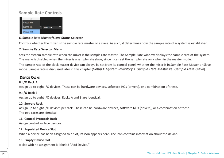 Lv1 main build preview 10.09f, Sample rate controls | Waves eMotion LV1 64-Channel Mixer with Axis One Custom Computer User Manual | Page 25 / 220