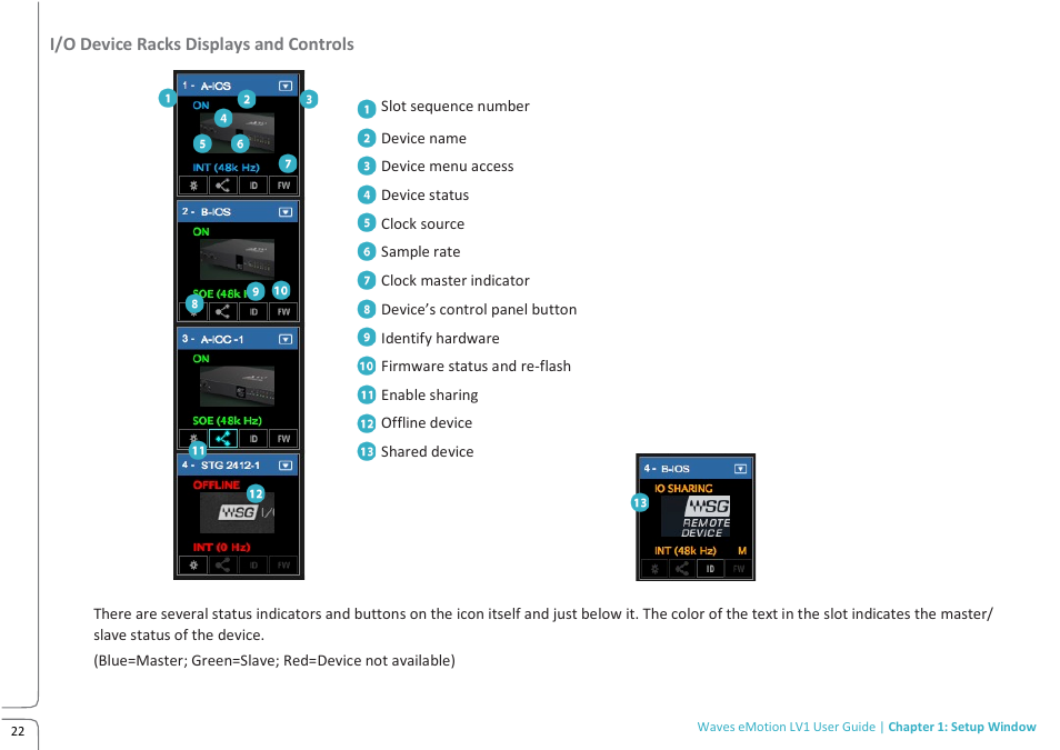 Lv1 main build preview 10.09c, I/o device racks displays a nd controls | Waves eMotion LV1 64-Channel Mixer with Axis One Custom Computer User Manual | Page 27 / 220