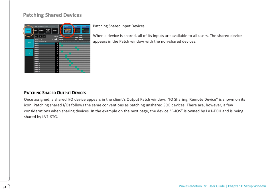 Patching shared devices | Waves eMotion LV1 64-Channel Mixer with Axis One Custom Computer User Manual | Page 36 / 220