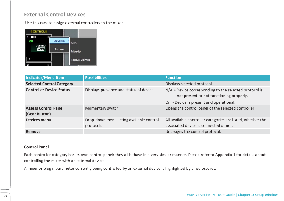 Lv1 main build preview 10.09i, External control devices | Waves eMotion LV1 64-Channel Mixer with Axis One Custom Computer User Manual | Page 43 / 220