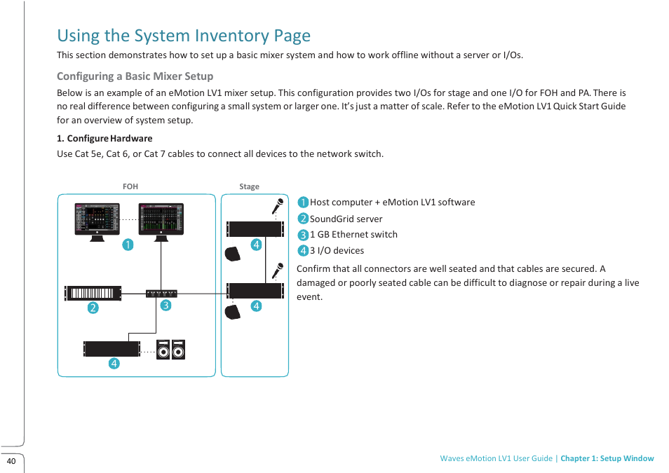 Using the system inventory page, Configuring a basic mixer setup | Waves eMotion LV1 64-Channel Mixer with Axis One Custom Computer User Manual | Page 45 / 220