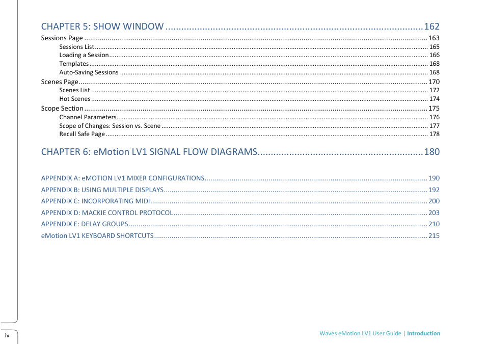 Chapter 5: show window, Chapter 6: emotion lv1 signal flow diagrams | Waves eMotion LV1 64-Channel Mixer with Axis One Custom Computer User Manual | Page 5 / 220