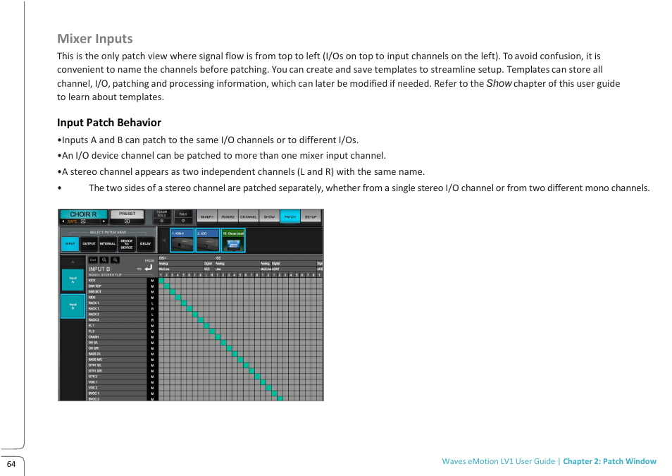 Mixer inputs | Waves eMotion LV1 64-Channel Mixer with Axis One Custom Computer User Manual | Page 69 / 220