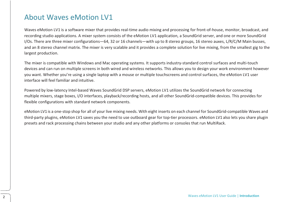 About waves emotion lv1 | Waves eMotion LV1 64-Channel Mixer with Axis One Custom Computer User Manual | Page 7 / 220