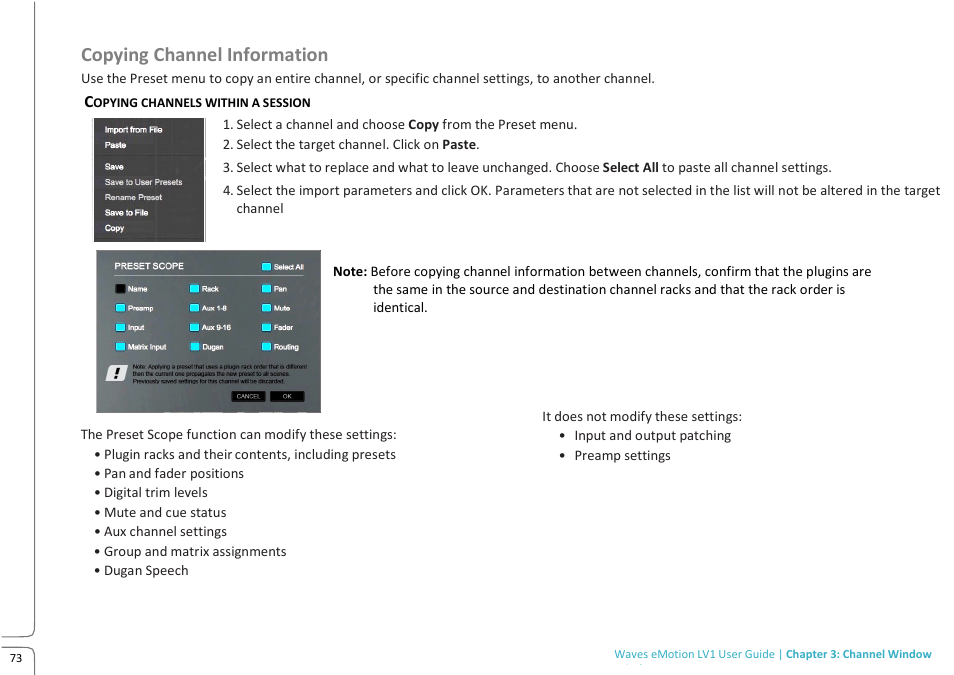 Copying channel information | Waves eMotion LV1 64-Channel Mixer with Axis One Custom Computer User Manual | Page 78 / 220