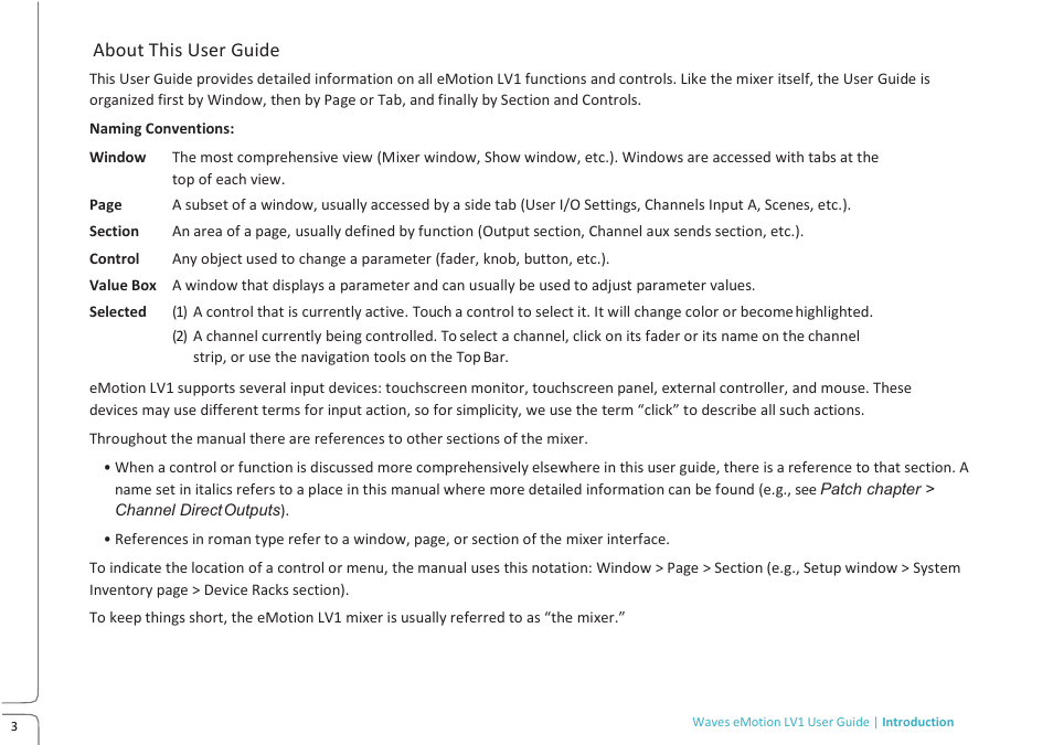 About this user guide | Waves eMotion LV1 64-Channel Mixer with Axis One Custom Computer User Manual | Page 8 / 220