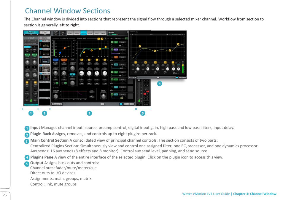 Acr1788293729984070745.tmp, Lv1 prev 11.09 -p 75.pdf, Channel window sections | Waves eMotion LV1 64-Channel Mixer with Axis One Custom Computer User Manual | Page 80 / 220