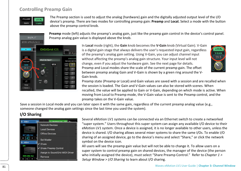 Controlling preamp gain on shared devices, Controlling preamp gain, I/o sharing | Waves eMotion LV1 64-Channel Mixer with Axis One Custom Computer User Manual | Page 86 / 220