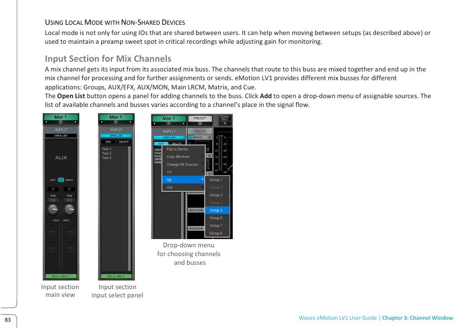 Input section for mix channels | Waves eMotion LV1 64-Channel Mixer with Axis One Custom Computer User Manual | Page 88 / 220