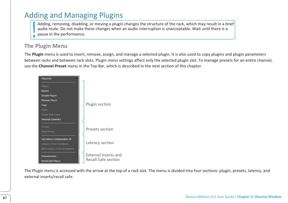 Lv1 preview 10.09 -p 87.pdf, Adding and managing plugins, The plugin menu | Waves eMotion LV1 64-Channel Mixer with Axis One Custom Computer User Manual | Page 92 / 220