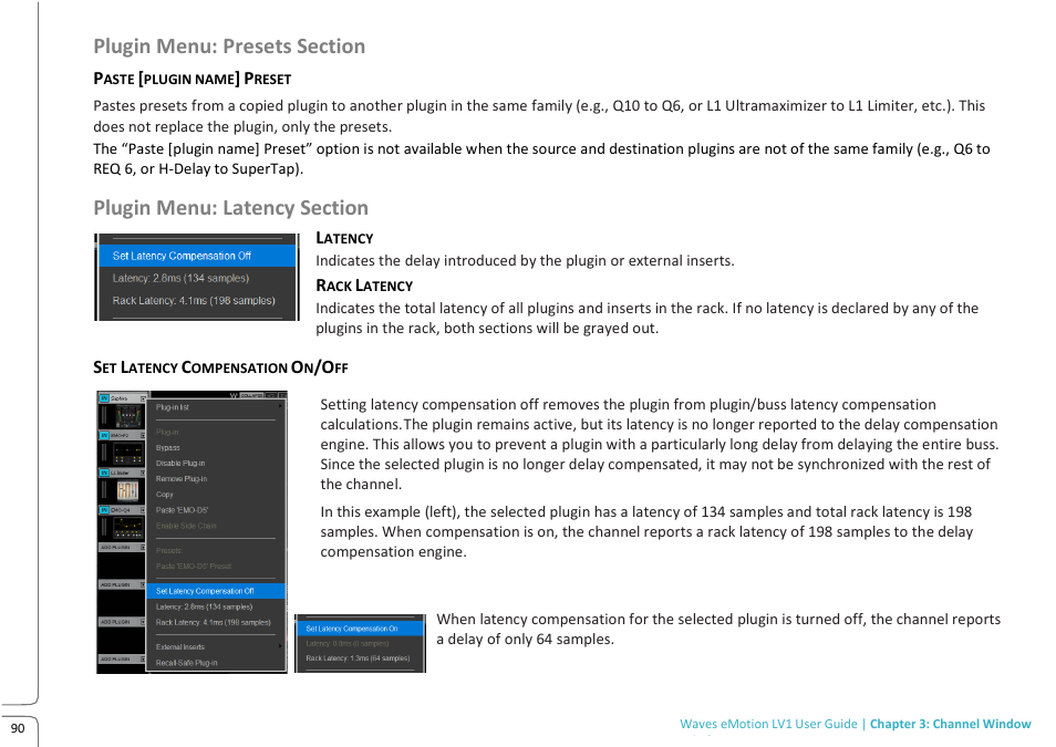 Acr14849273802124829712182.tmp, Plugin menu: presets section, Plugin menu: latency section | Waves eMotion LV1 64-Channel Mixer with Axis One Custom Computer User Manual | Page 95 / 220