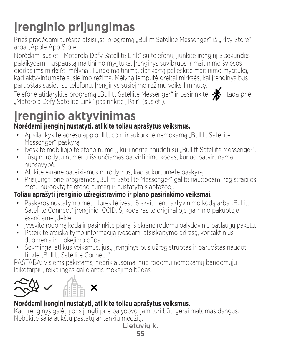 Įrenginio prijungimas, Įrenginio aktyvinimas | Motorola Defy Satellite Link User Manual | Page 55 / 134