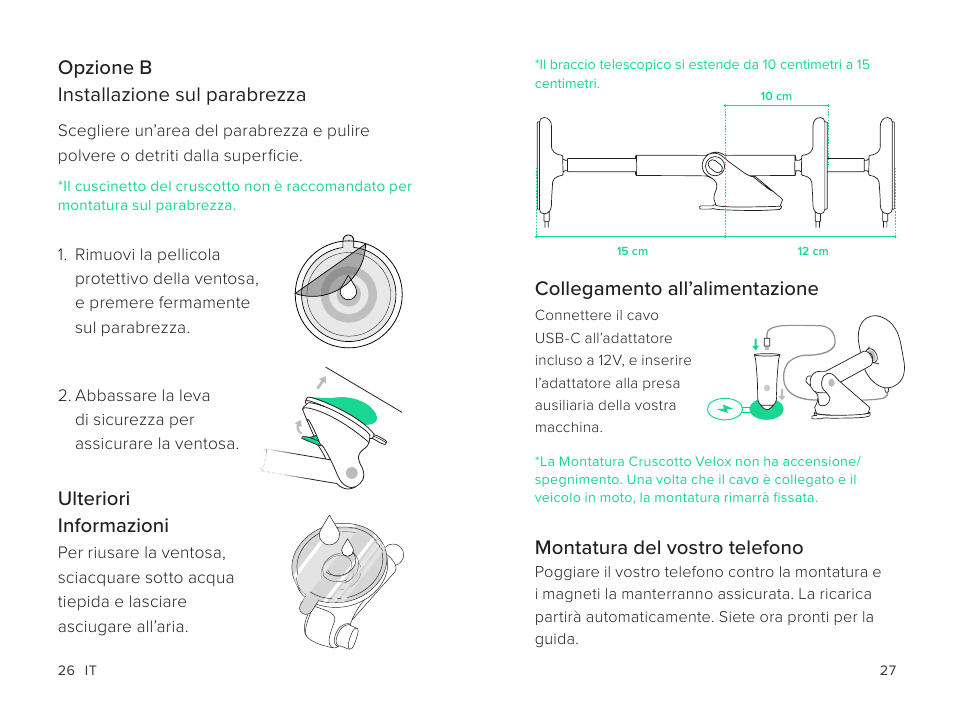 Collegamento all’alimentazione, Montatura del vostro telefono | iOttie Velox Magnetic Wireless Charging Dash and Windshield Mount User Manual | Page 14 / 25