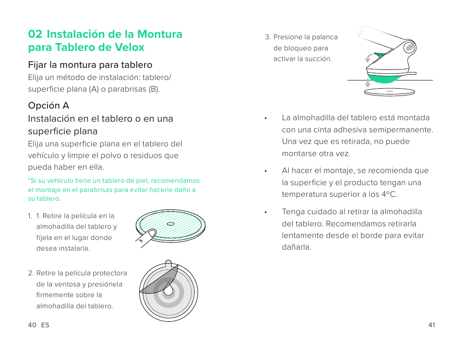 02 instalación de la montura para tablero de velox | iOttie Velox Magnetic Wireless Charging Dash and Windshield Mount User Manual | Page 21 / 25