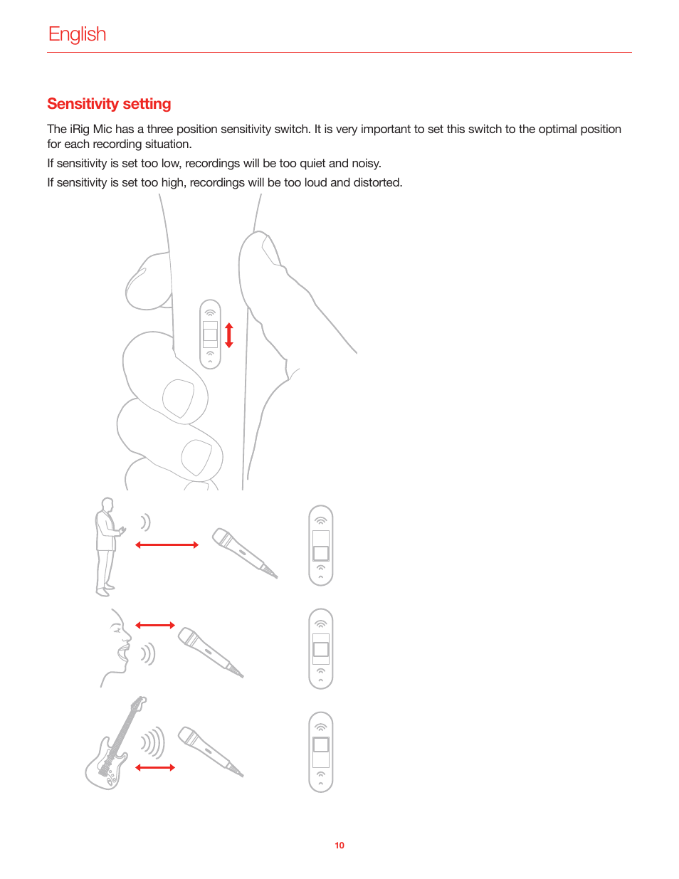 Sensitivity setting, English | IK Multimedia iRig Mic User Manual | Page 10 / 61