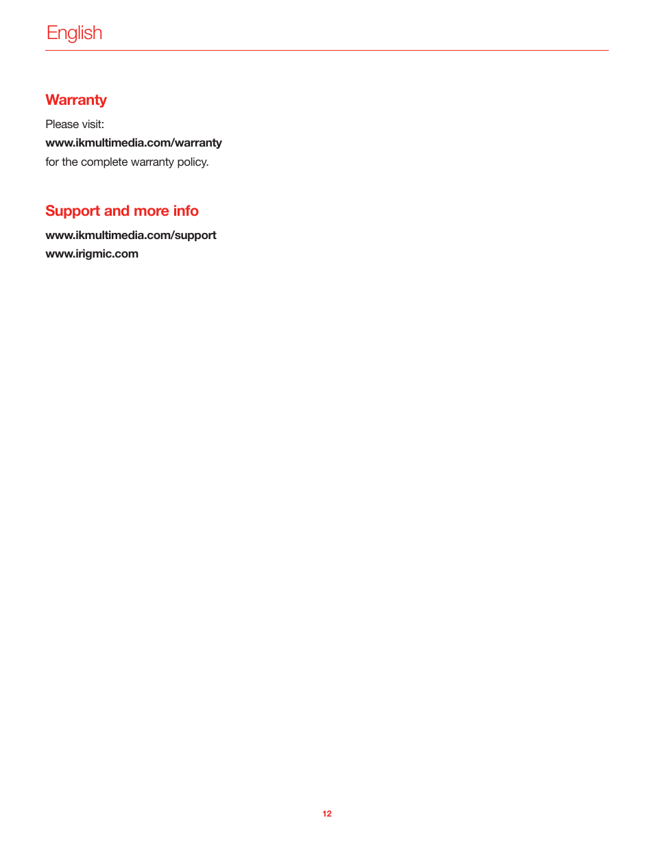 Warranty, Support and more info, English | IK Multimedia iRig Mic User Manual | Page 12 / 61