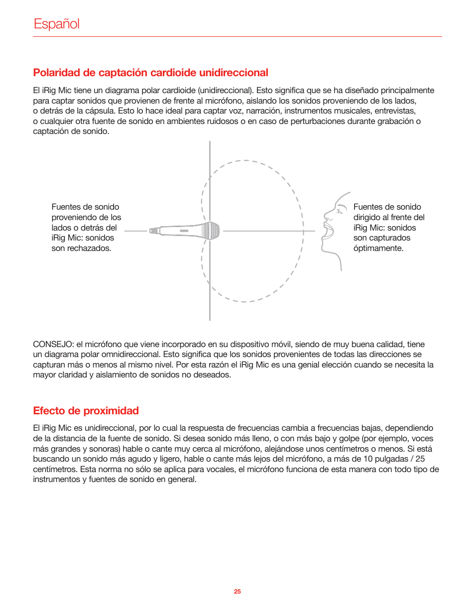 Polaridad de captación cardioide unidireccional, Efecto de proximidad, Español | IK Multimedia iRig Mic User Manual | Page 25 / 61