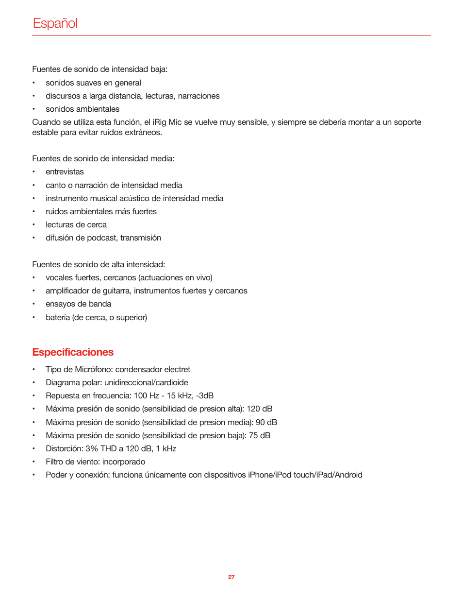 Especificaciones, Español | IK Multimedia iRig Mic User Manual | Page 27 / 61