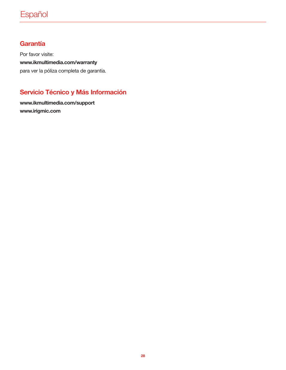 Garantía, Servicio técnico y más información, Español | IK Multimedia iRig Mic User Manual | Page 28 / 61