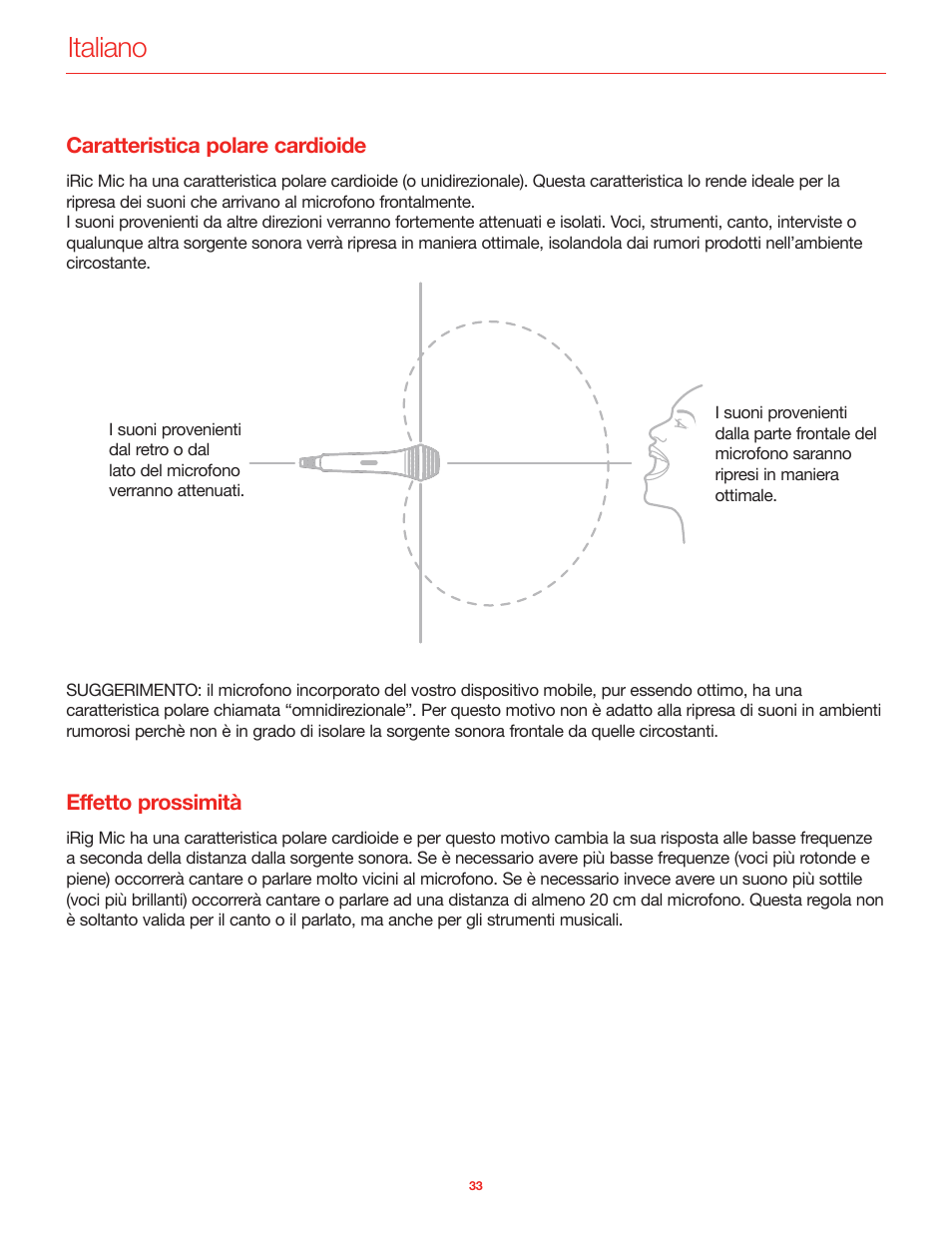 Caratteristica polare cardioide, Effetto prossimità, Italiano | IK Multimedia iRig Mic User Manual | Page 33 / 61
