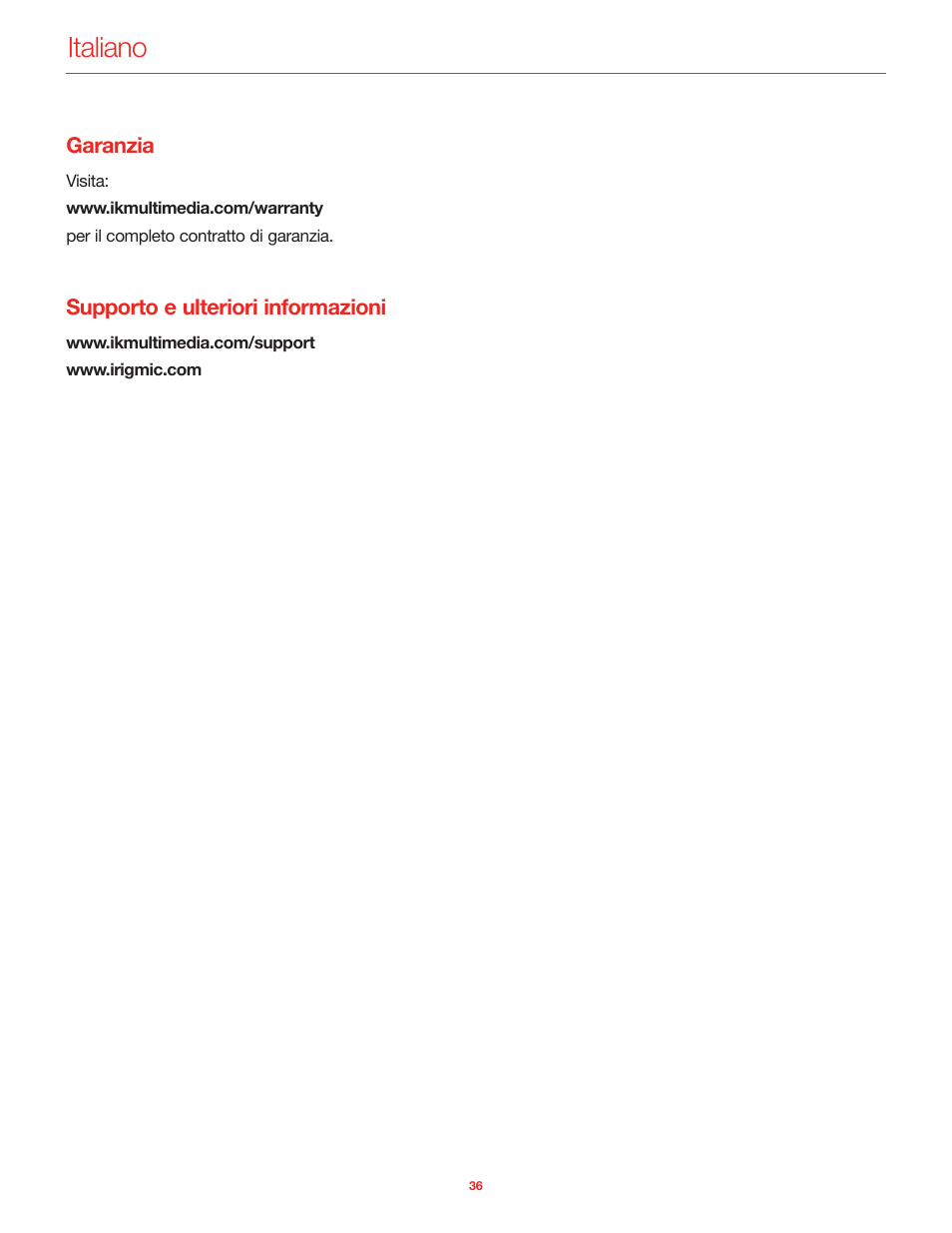 Garanzia, Supporto e ulteriori informazioni, Italiano | IK Multimedia iRig Mic User Manual | Page 36 / 61