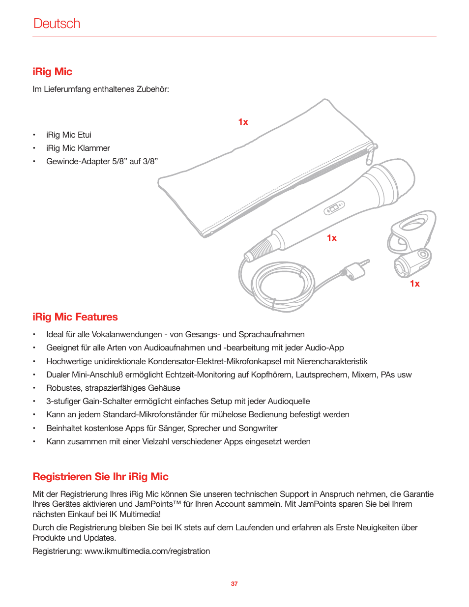 Deutsch, Irig mic, Irig mic features | Registrieren sie ihr irig mic | IK Multimedia iRig Mic User Manual | Page 37 / 61
