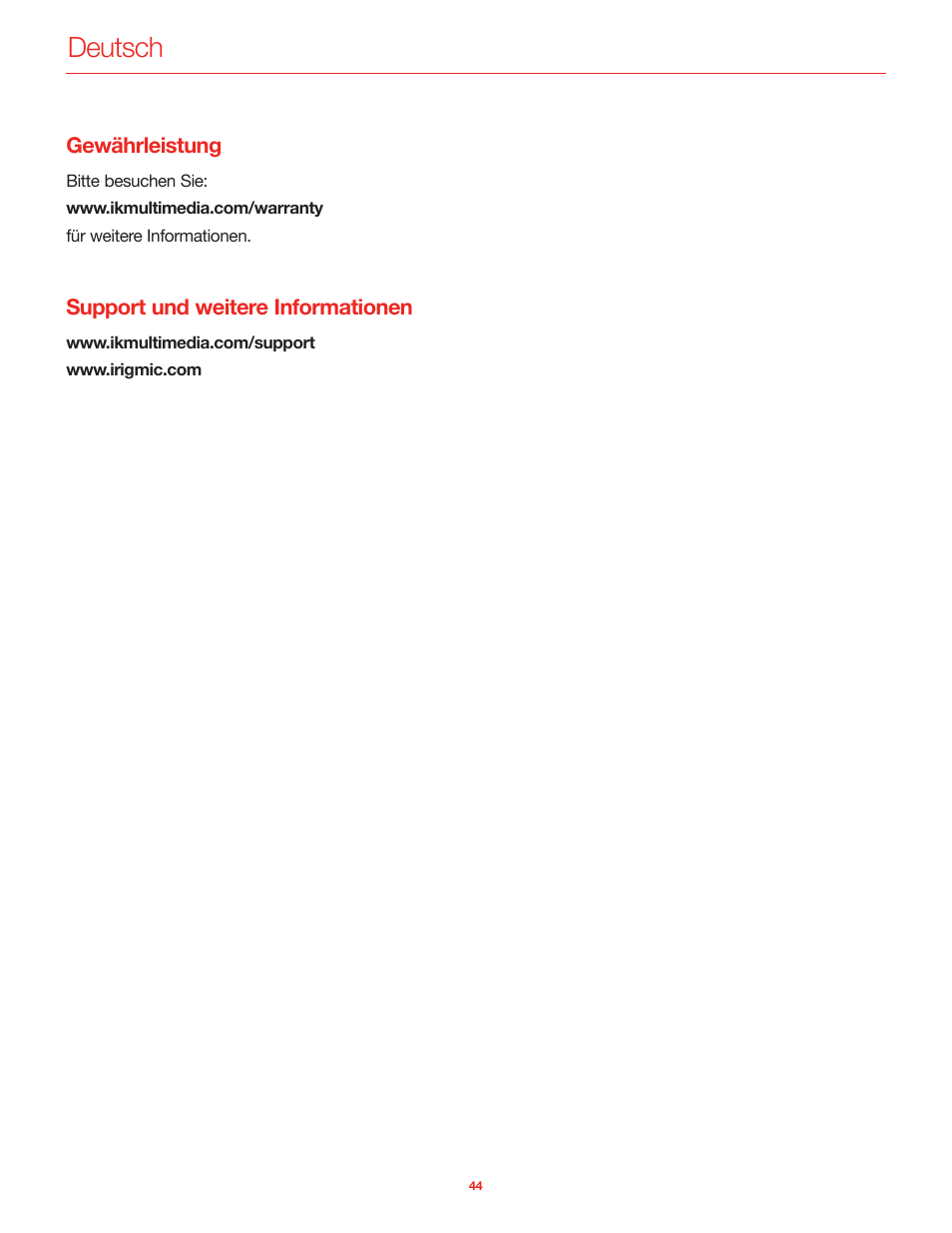 Gewährleistung, Support und weitere informationen, Deutsch | IK Multimedia iRig Mic User Manual | Page 44 / 61