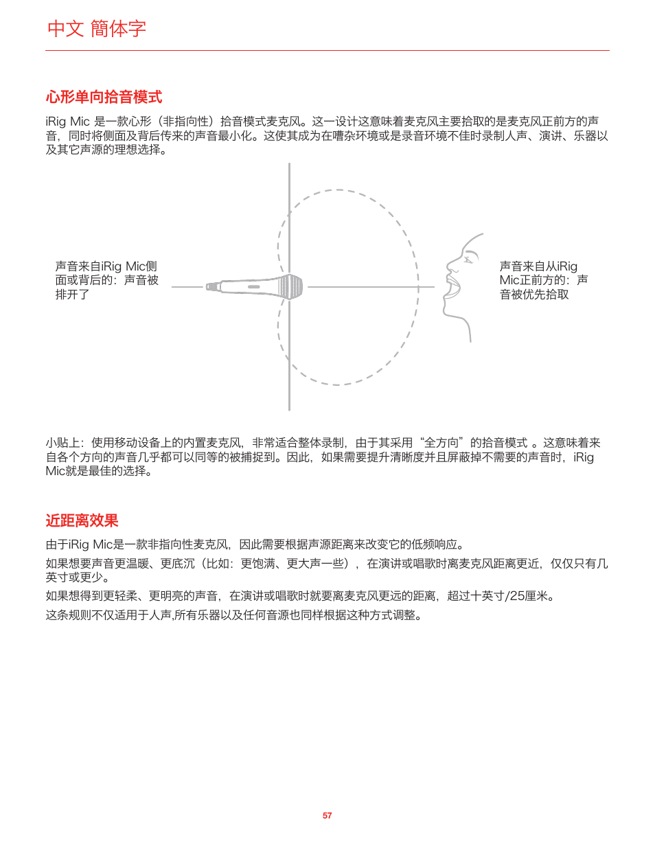 心形单向拾音模式, 近距离效果, 中文 簡体字 | IK Multimedia iRig Mic User Manual | Page 57 / 61