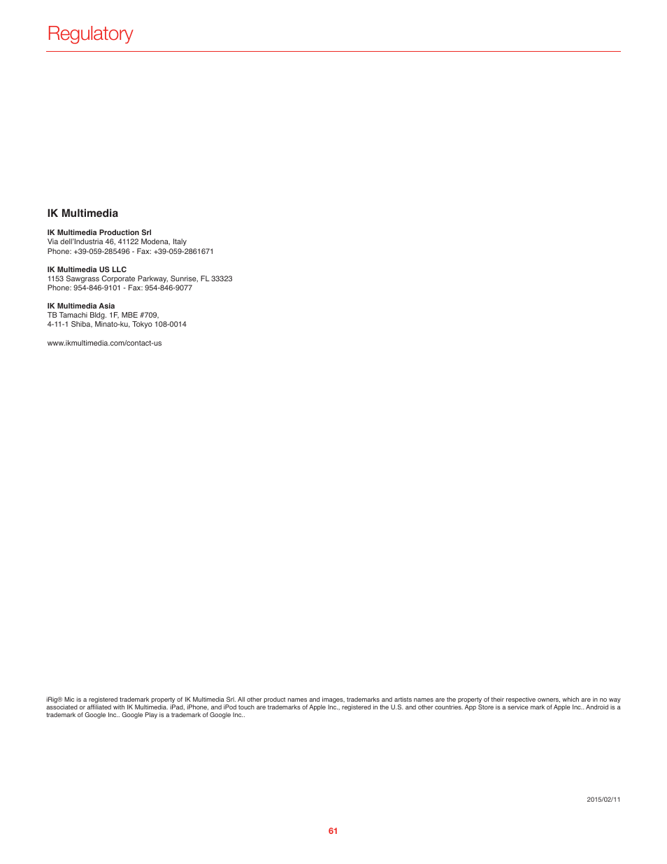 Regulatory, Ik multimedia | IK Multimedia iRig Mic User Manual | Page 61 / 61