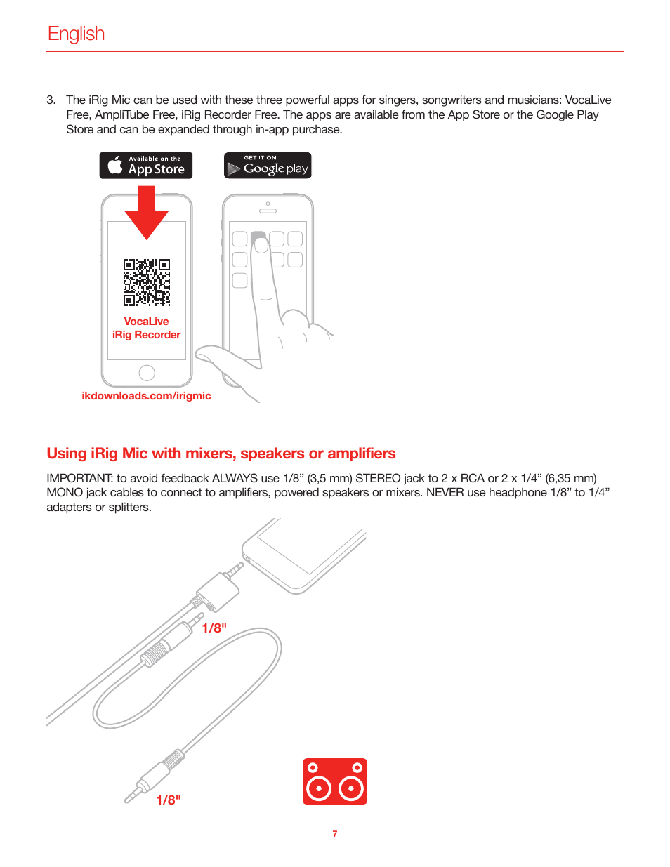 Using irig mic with mixers, speakers or amplifiers, English | IK Multimedia iRig Mic User Manual | Page 7 / 61