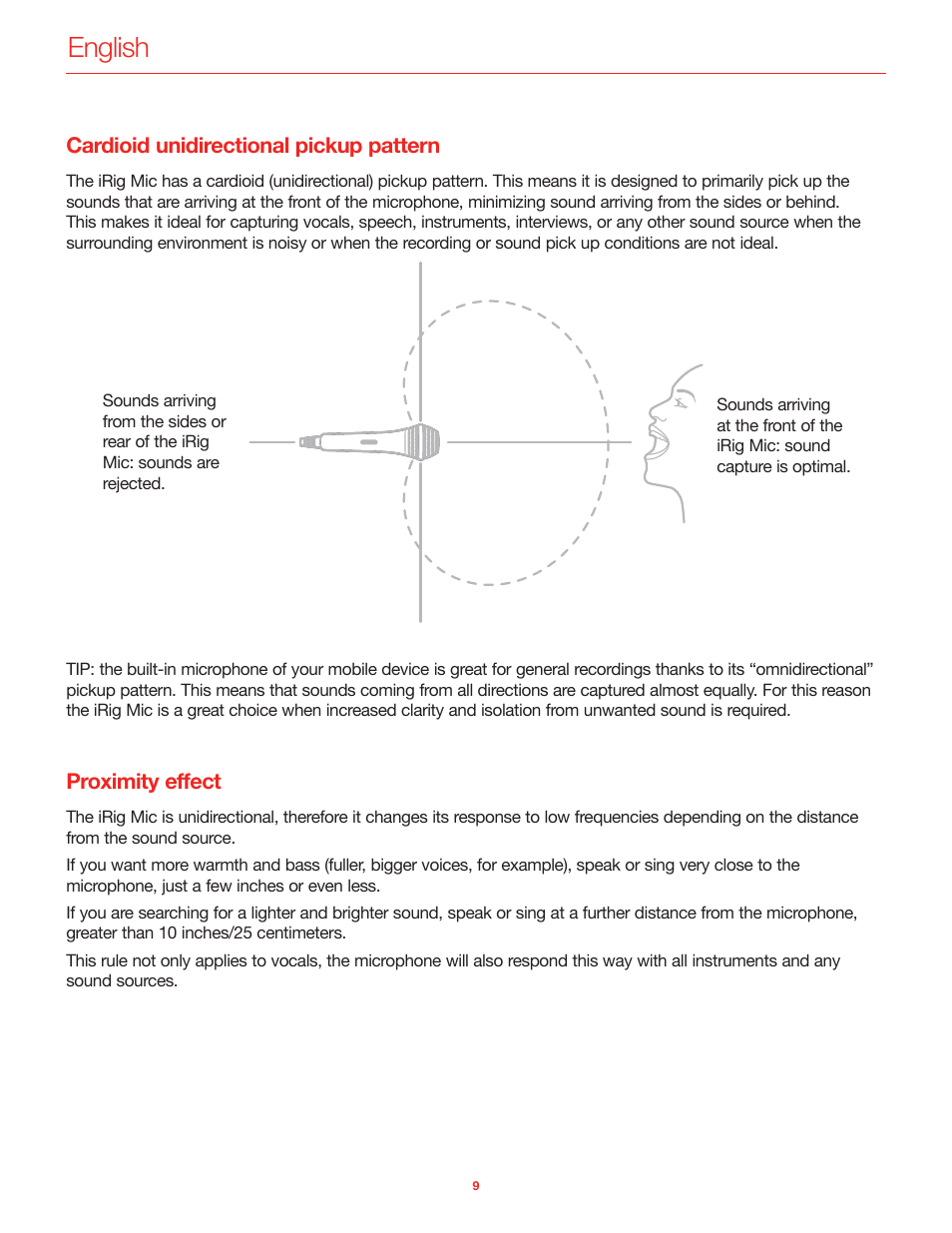 Cardioid unidirectional pickup pattern, Proximity effect, English | IK Multimedia iRig Mic User Manual | Page 9 / 61