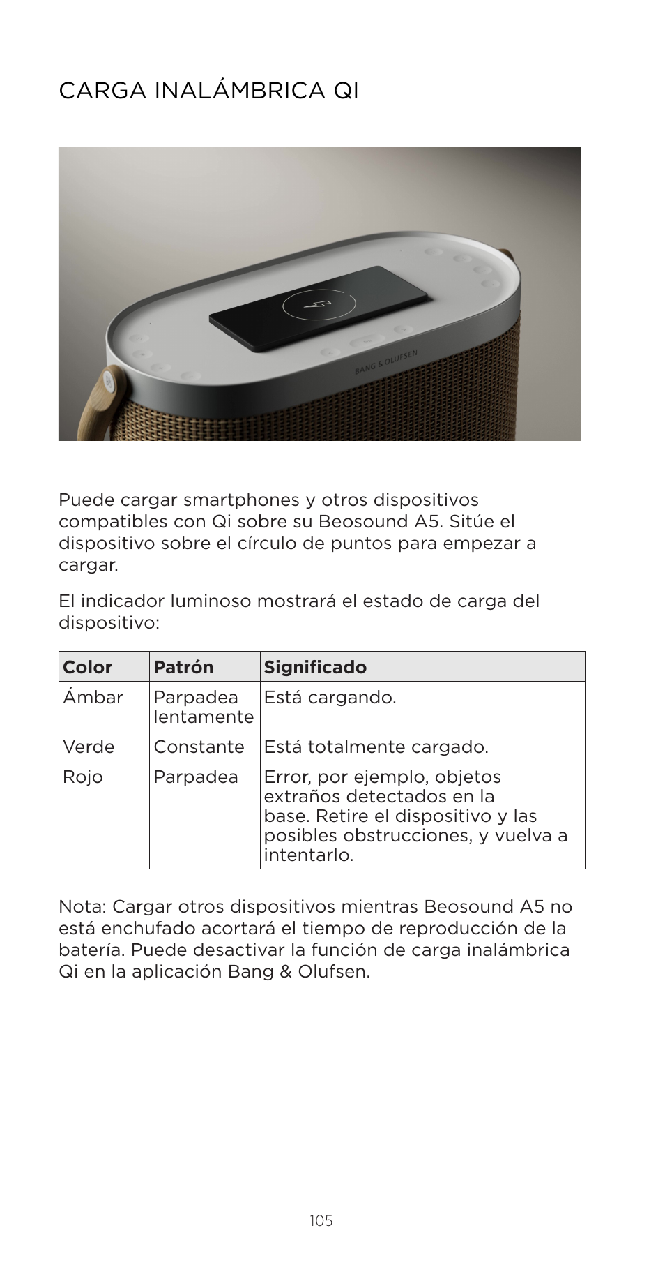 Carga inalámbrica qi | Bang & Olufsen Beosound A5 Portable Wireless Speaker (Nordic Weave) User Manual | Page 105 / 213