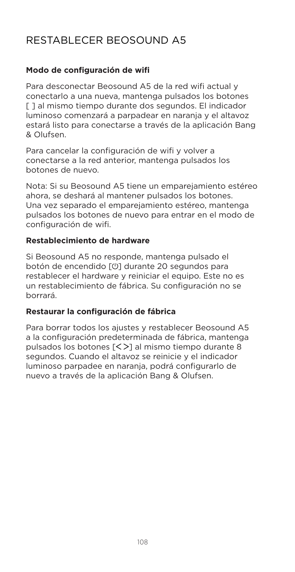Restablecer beosound a5 | Bang & Olufsen Beosound A5 Portable Wireless Speaker (Nordic Weave) User Manual | Page 108 / 213